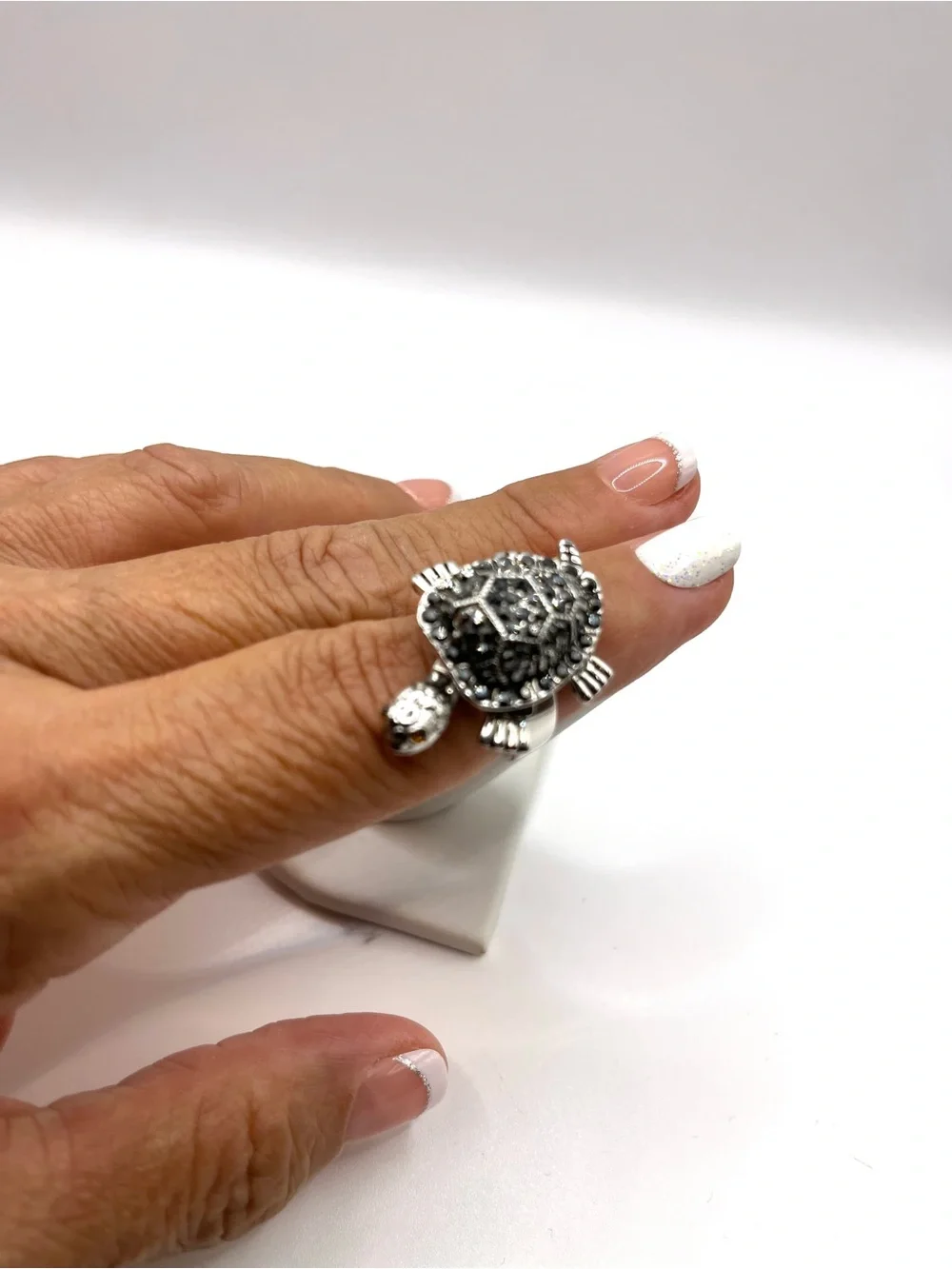 Turtle Ring Articulated Silver Tone Rhodium Plated Patience Knowledge